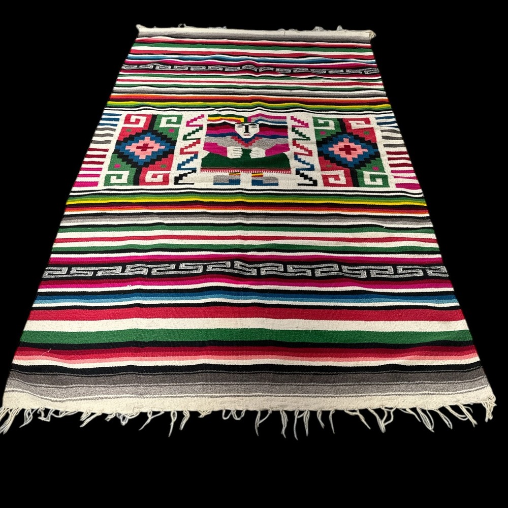 Vintage Aztec Indian Blanket Rug 50 x 78 Mexican Motif Red Black Yellow Green